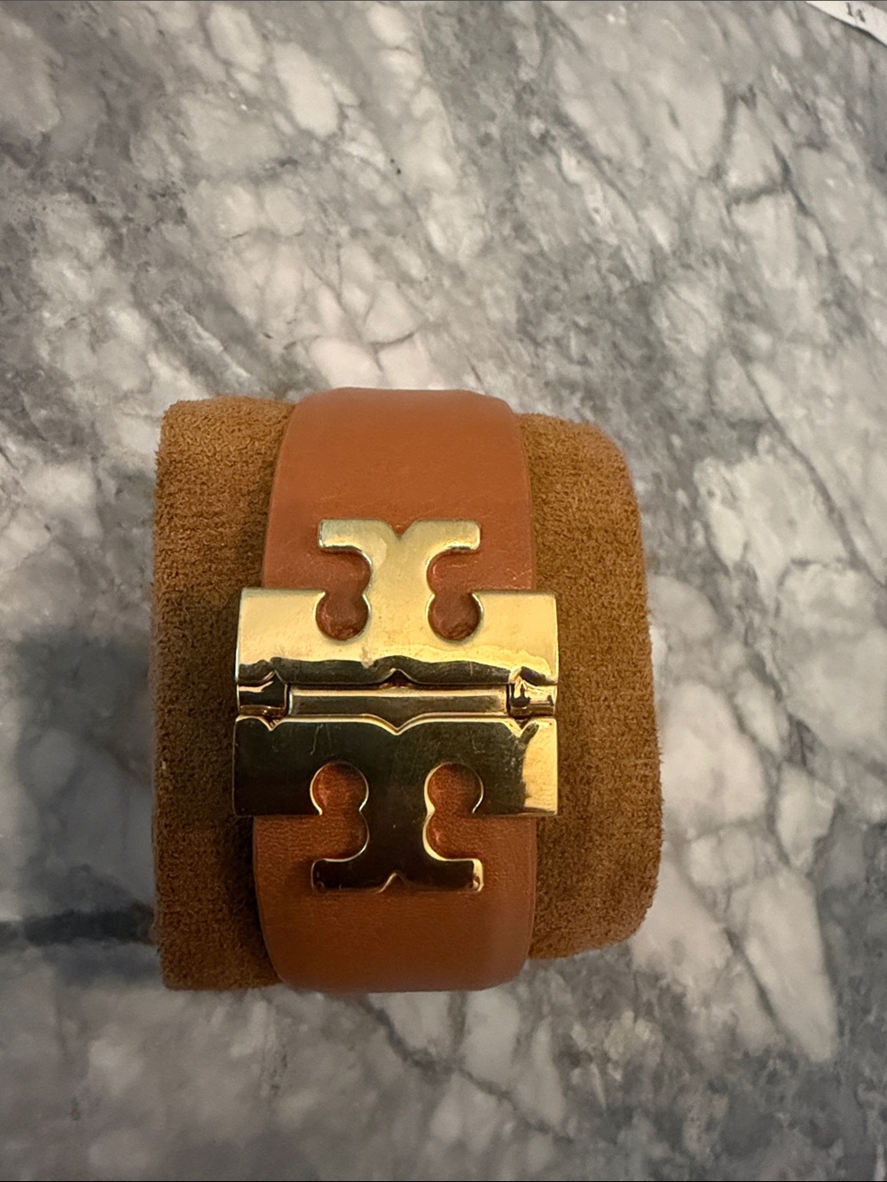 Tory Burch Tan Leather Bracelet with Gold Logo Hardware